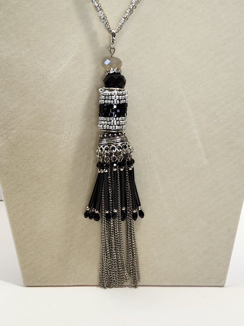 Long Multi Strand Beaded Tassel Necklace Black Silver Bugle Bead Flapper Boho